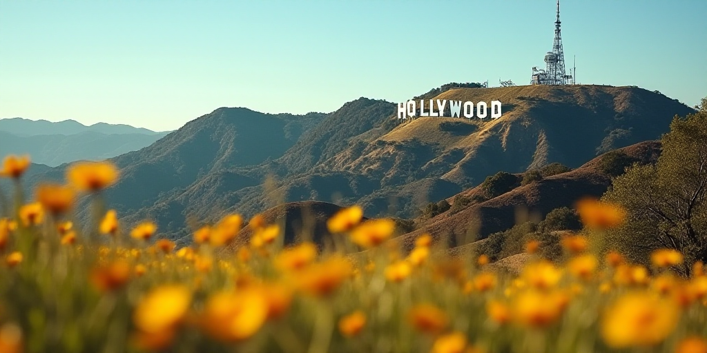 a hollywood sign is seen on a hill with wildflowers in the foreground and a radio tower in the backg