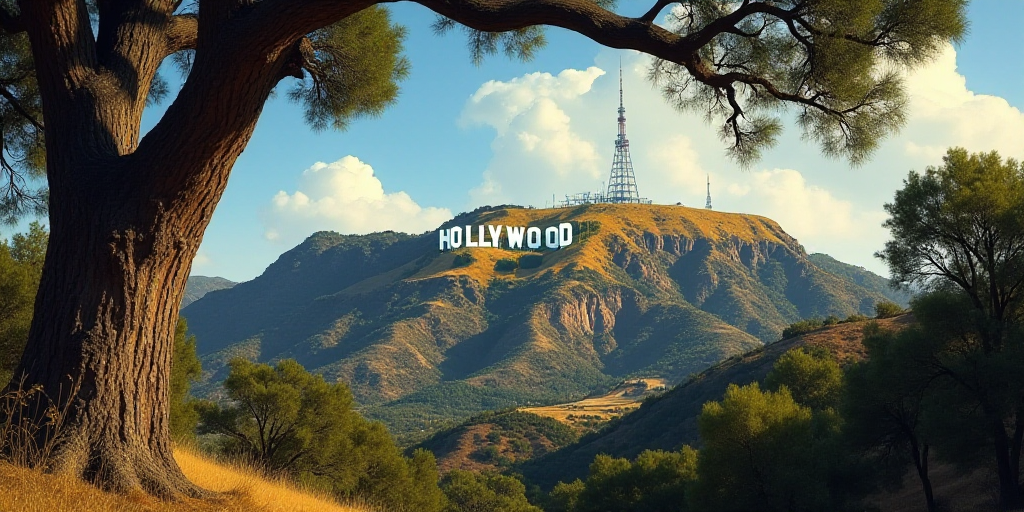 a hollywood sign is seen through a tree branch in front of a hill with a radio tower on top, Edward