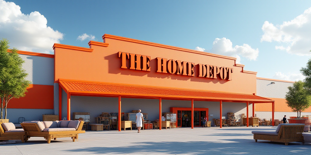 a home depot store with a lot of furniture outside of it and a few people walking outside the store,