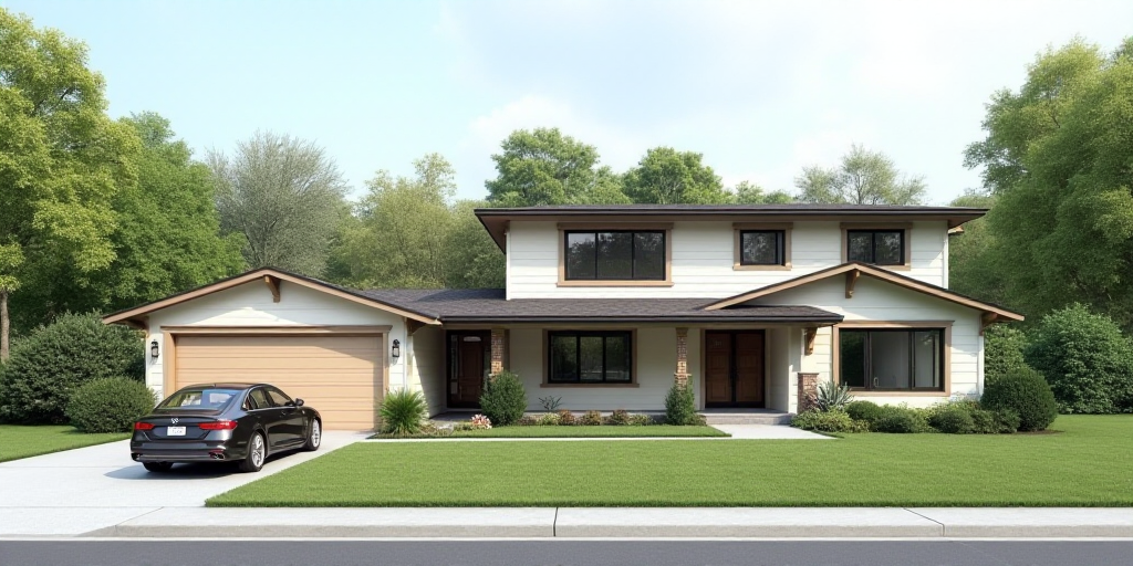 a house with a large front yard and a driveway in front of it with a car parked in front of it, Elbr