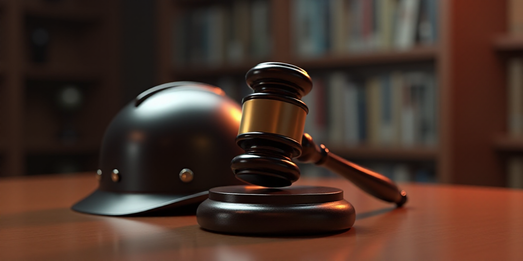 a judge's gavel and helmet on a table with a reflective surface and a reflective surface behind it,