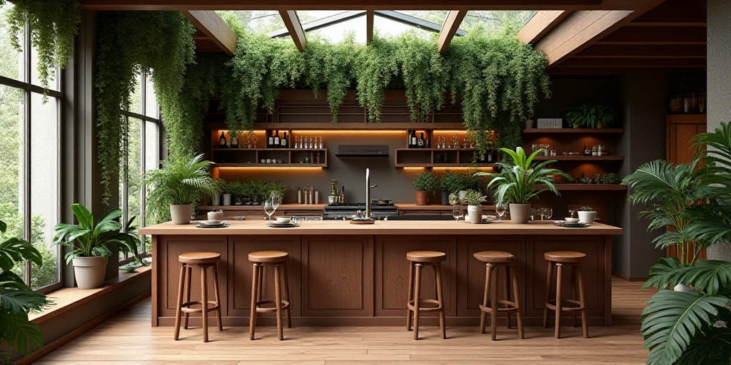 a kitchen with a bar and a lot of plants on the wall and a lot of wine glasses on the counter, Brass