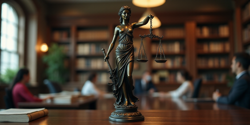 a lady justice statue holding a scale of justice in front of a law office filled with people and a b