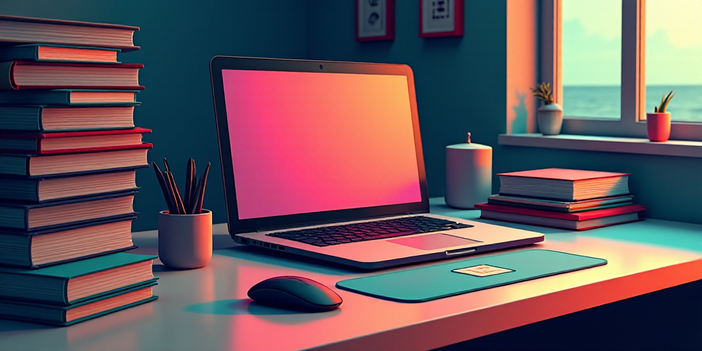 a laptop computer sitting next to a stack of books and a mouse pad with a mouse on it and a mouse pa