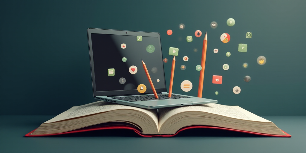 a laptop computer sitting on top of an open book with icons coming out of it's pages and a pencil st