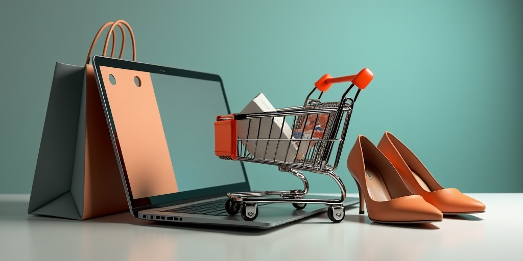 a laptop computer with a shopping cart and shoes on it next to a shopping cart and a shopping bag, A