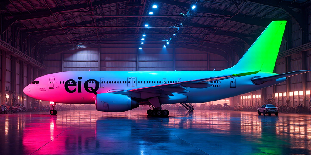 a large airplane is parked inside of a hangar with a green tail fin on the side of it's wing, Ei-Q,