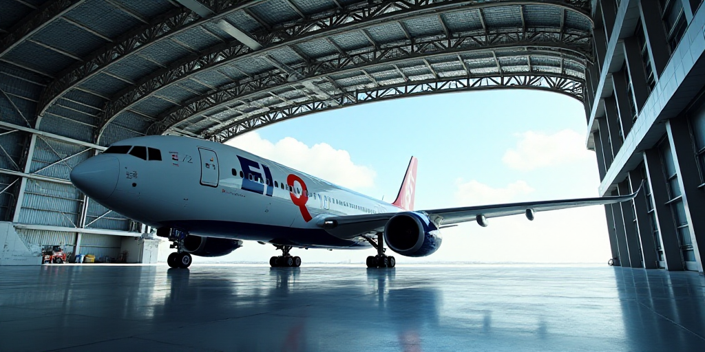 a large airplane is parked inside of a hangar with a sky background and a ceiling with a large metal