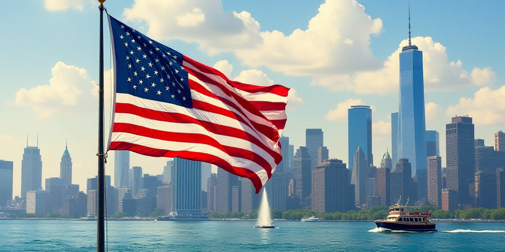 a large american flag flying in front of a city skyline with tall buildings in the background, with