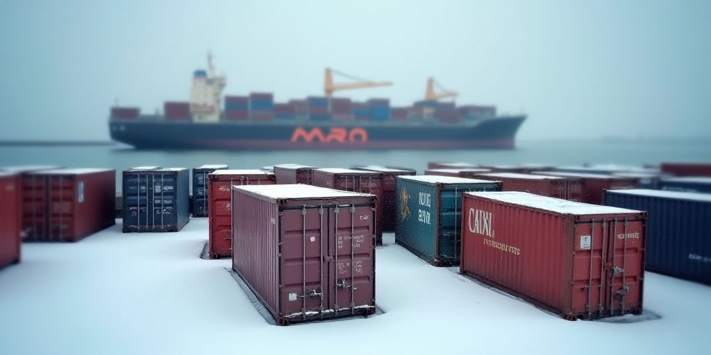 a large amount of cargo containers are parked in a harbor in the snow, with a large ship in the back