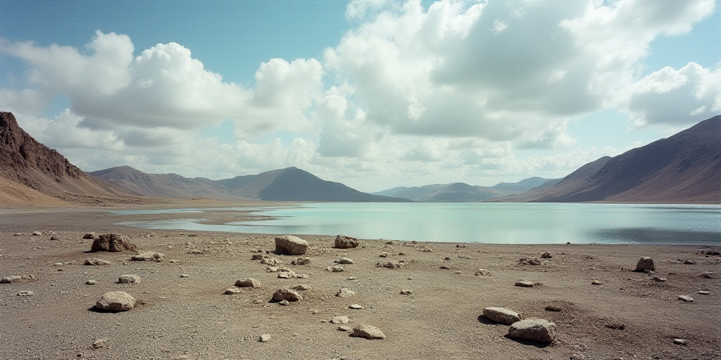 a large area of dirt with rocks and water in the background and a sky with clouds in the background,