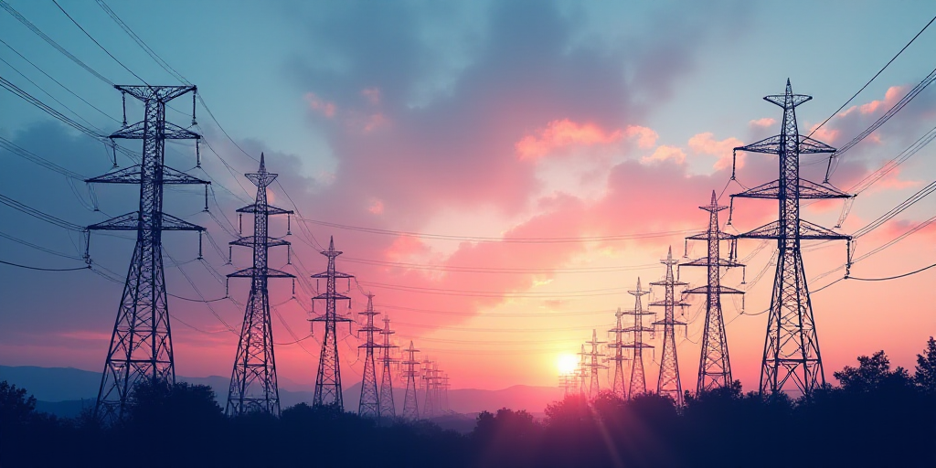 a large array of cell towers with a sky background in the background and a rainbow hued sky in the b
