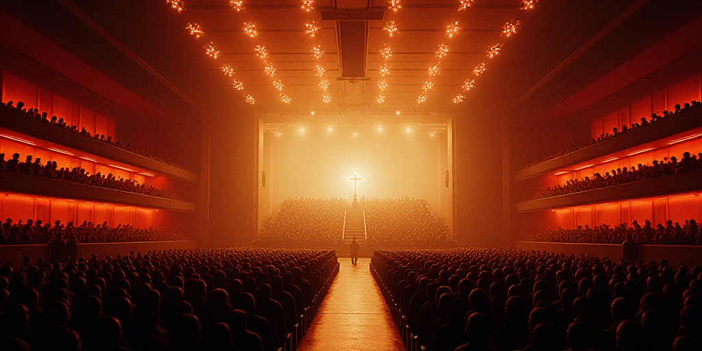 a large auditorium with a lot of people in it and a lot of lights on the ceiling and a lot of people