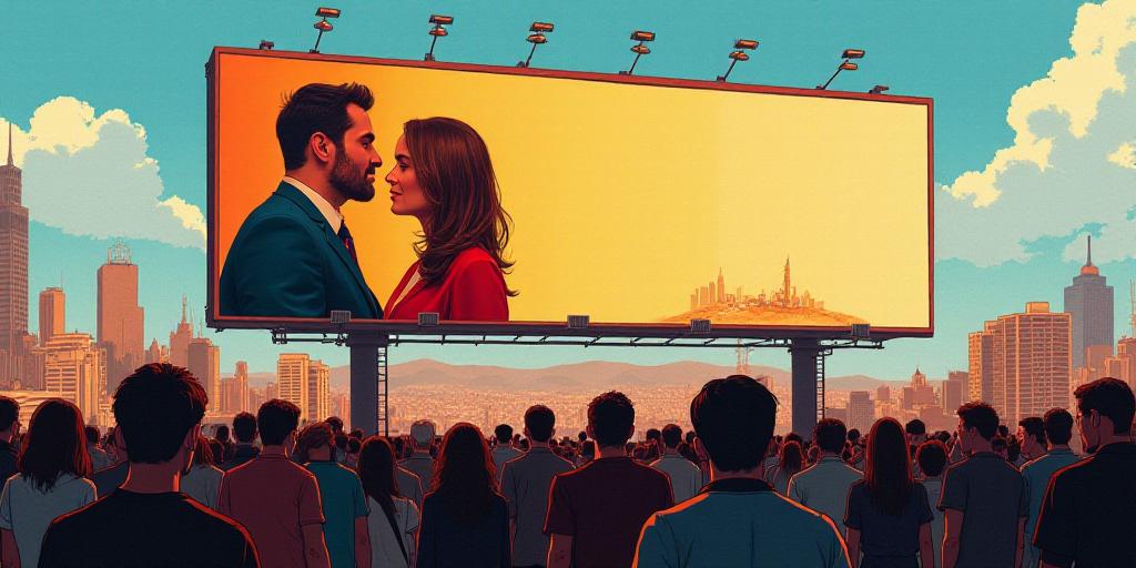 a large billboard with a picture of a couple on it and a couple of people on it in front of a crowd