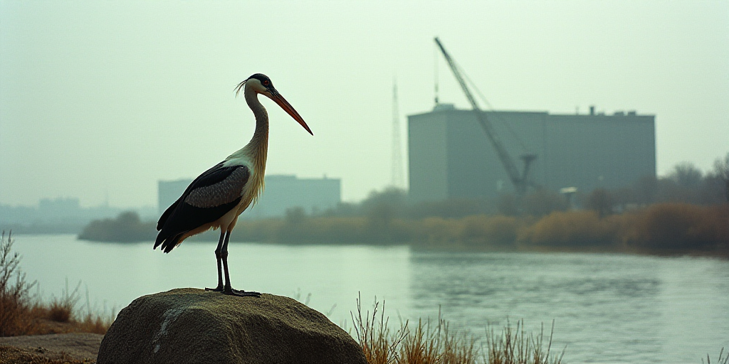 a large bird standing on a rock near a body of water with a crane in the background and a large buil