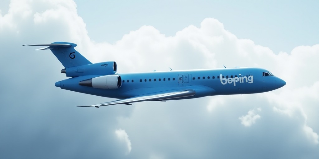a large blue and white jet flying through a cloudy sky with the word boeing written on it's side, Be