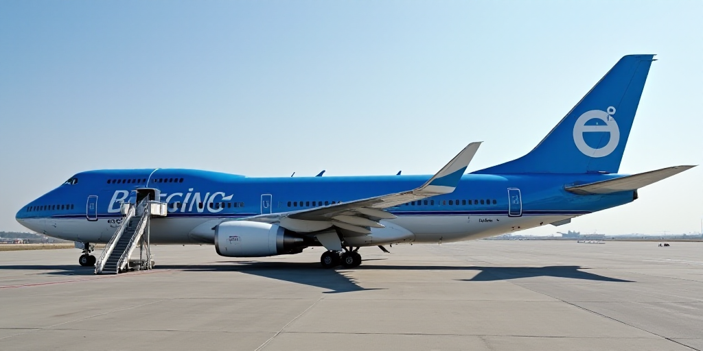 a large blue and white plane with the word boeing on it's side and a staircase leading up to it, Ei-