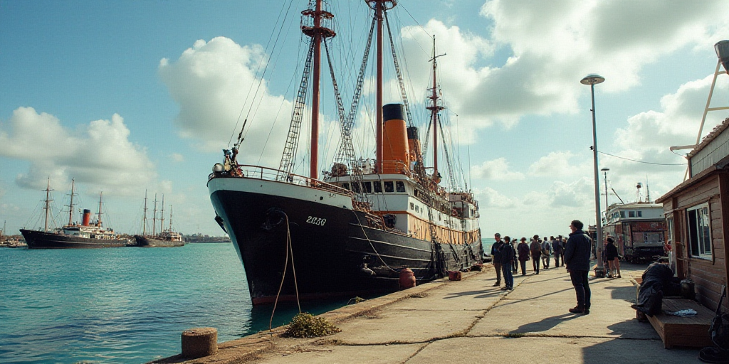 a large boat docked at a dock with people standing around it and a few other boats in the background