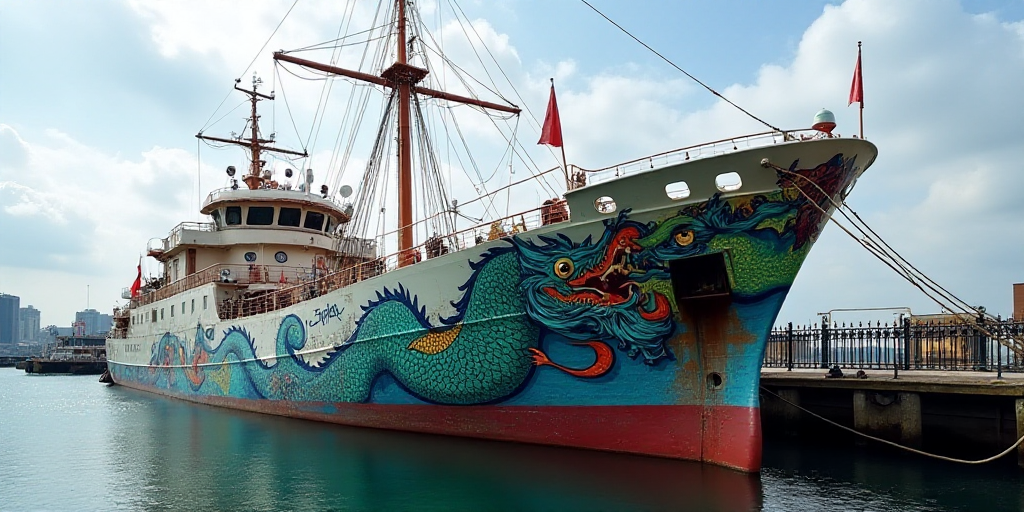 a large boat is docked at a dock with a dragon painted on the side of it's hull, Dahlov Ipcar, leica