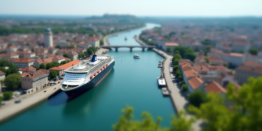 a large boat is docked in a harbor next to a city and a river with a bridge and a few cars, Esaias B
