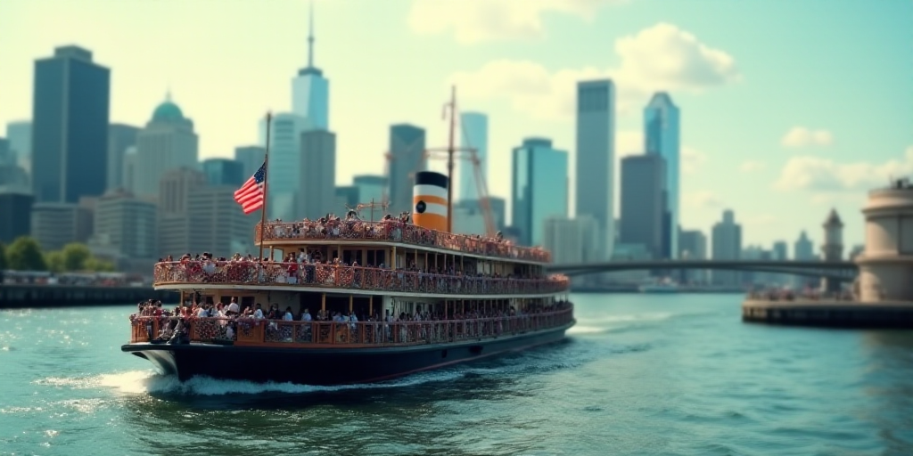 a large boat with a lot of people on it in the water near a city skyline and a pier, Erlund Hudson,