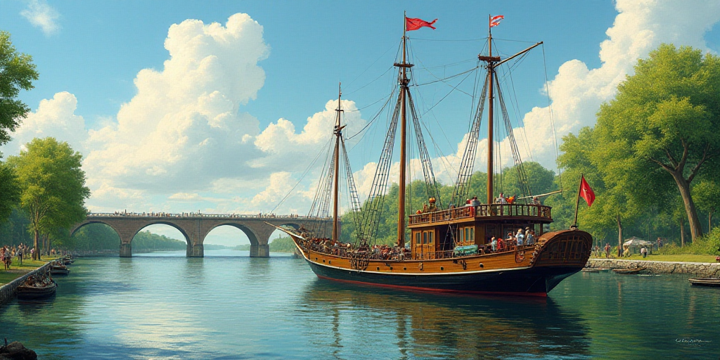 a large boat with flags on it in the water near a bridge and a bridge in the background with a bridg