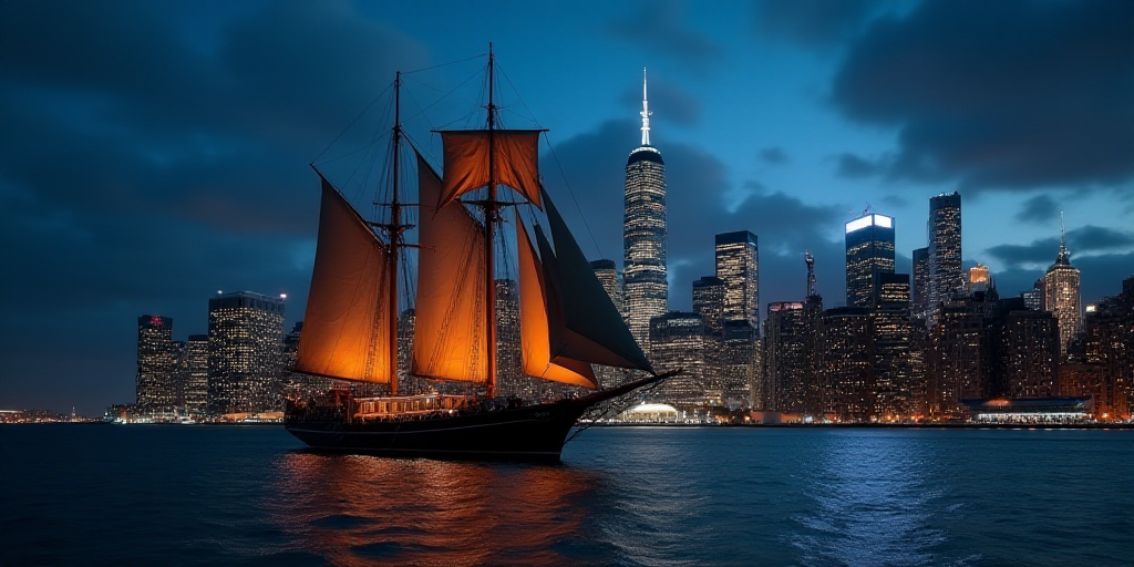 a large boat with sails and sails on the water in front of a city skyline at night with lights on, C