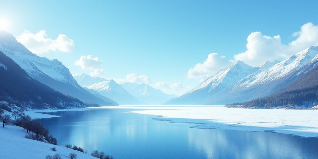 a large body of water with snow on it and mountains in the background with a blue sky and a few clou