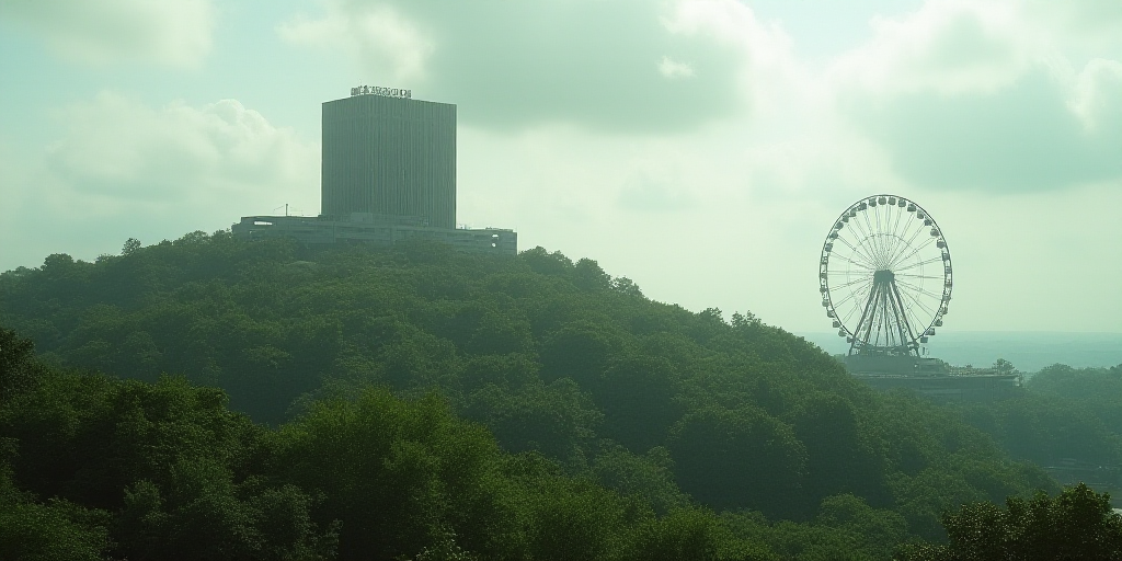 a large building on top of a hill surrounded by trees and a ferris wheel in the distance with a ferr