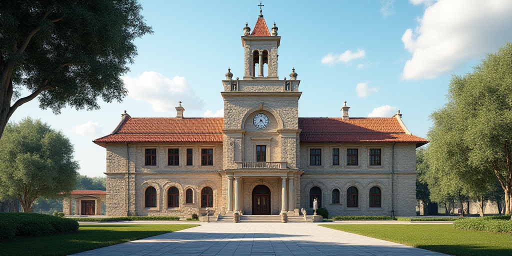 a large building with a clock on the top of it's roof and a tree in front of it, Enguerrand Quarton,