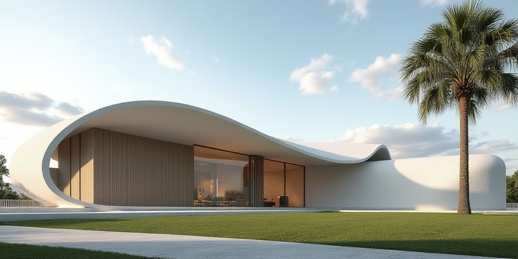 a large building with a curved roof and a sky background with clouds in the background and a palm tr