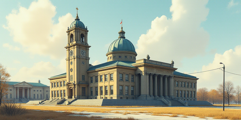 a large building with a dome and a clock on top of it's side tower and a flagpole, Anne Rigney, tone