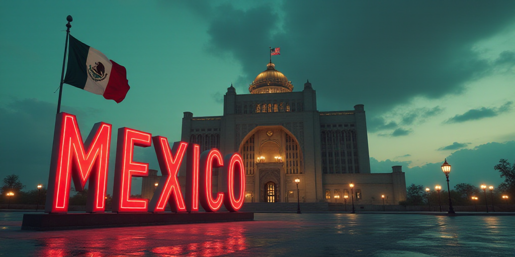 a large building with a flag and a large sign in front of it that says mexico next to a flag, Eddie