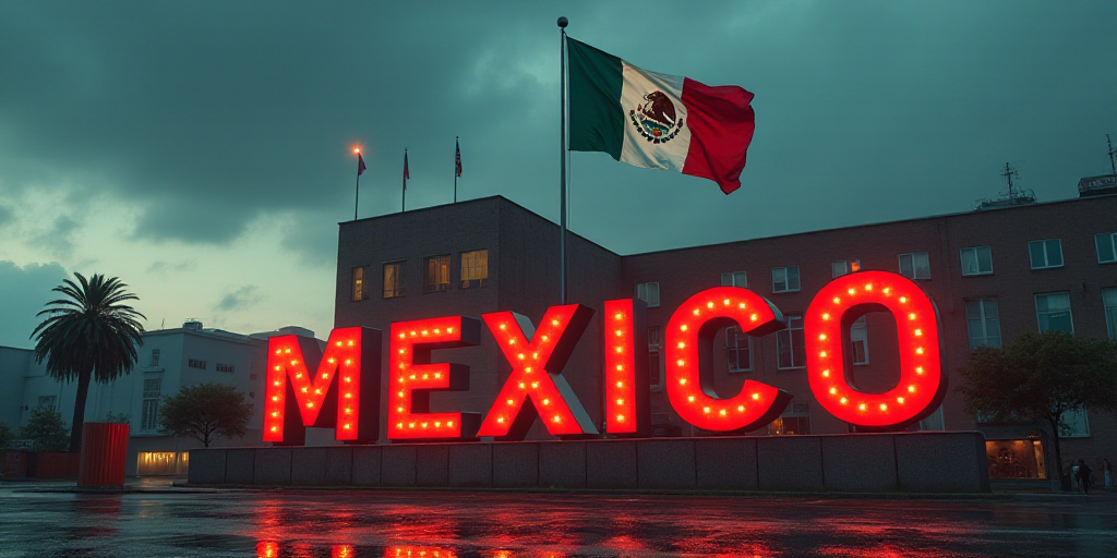 a large building with a flag and a large sign in front of it that says mexico next to a flag, Eddie