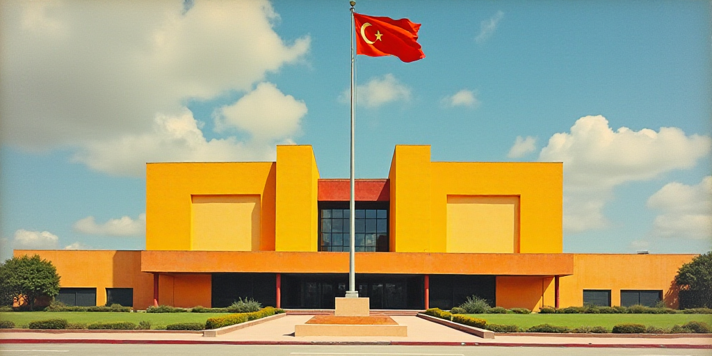 a large building with a flag flying in front of it and a flag pole in the middle of the building, Da