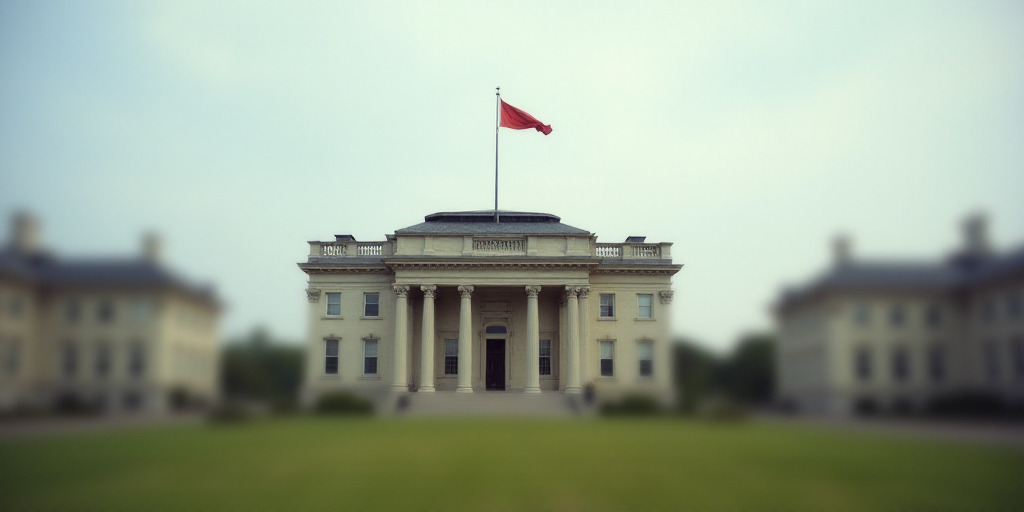 a large building with a flag on top of it's roof and a flagpole on top of it, Brenda Chamberlain, sy
