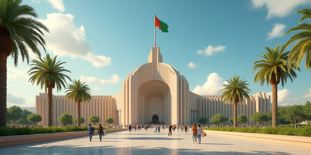 a large building with a flag on top of it and palm trees in front of it and people walking around, E