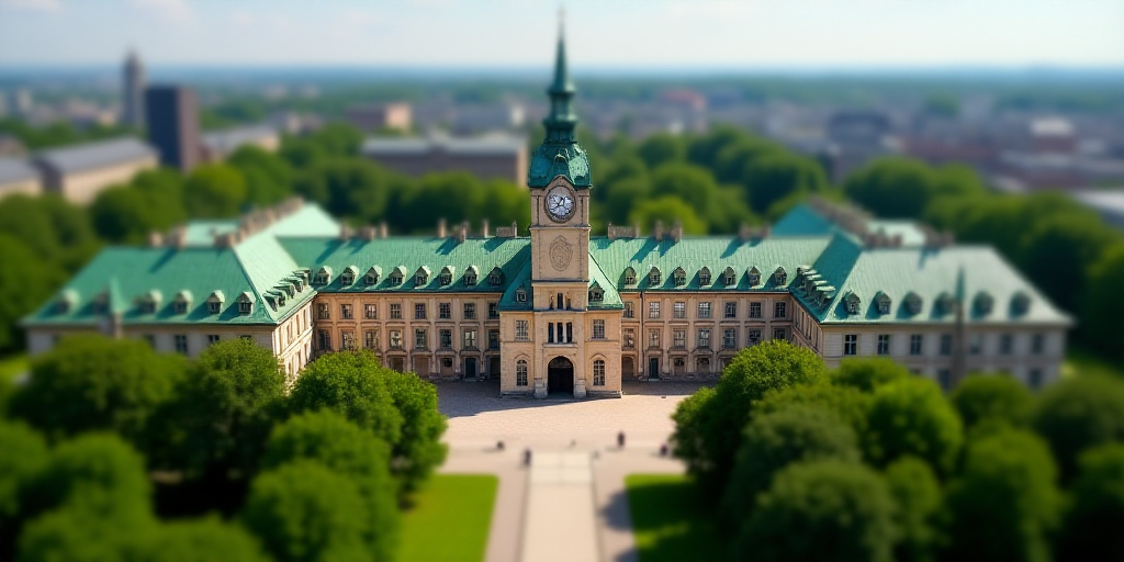 a large building with a green roof surrounded by trees and buildings in the background with a clock