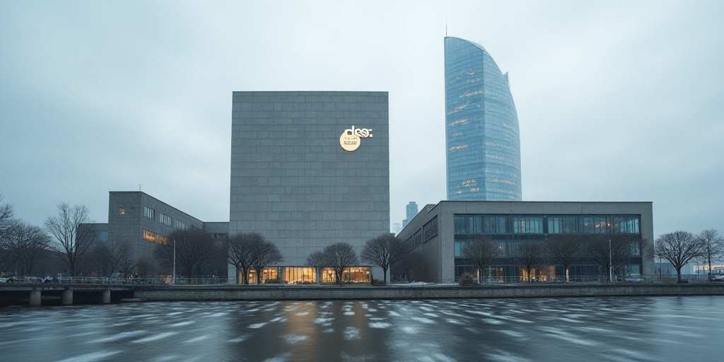 a large building with a hssc logo on it's side and a sky scraper behind it, Eric de Kolb, symmetric