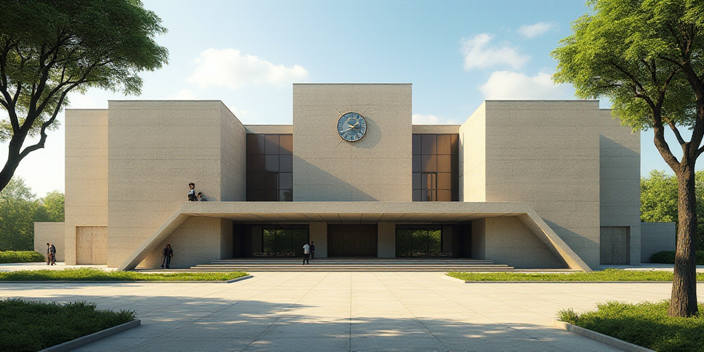 a large building with a large entrance and a clock on the side of it's face and a tree in front of i
