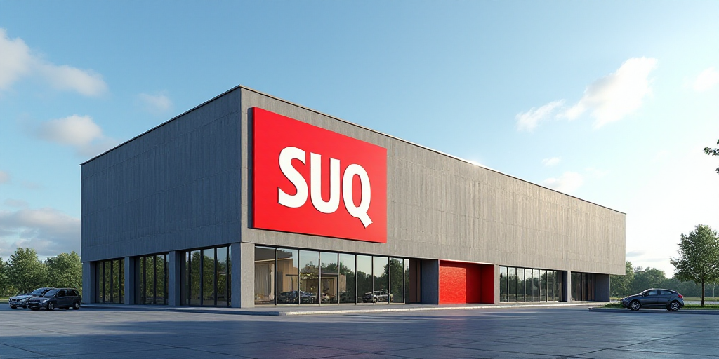 a large building with a large suq sign on it's side and a sky background behind it, Avgust Černigoj