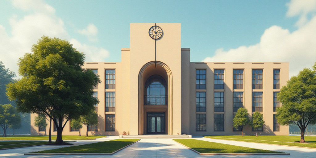 a large building with a large entrance and a clock on the side of it's face and a tree in front of i