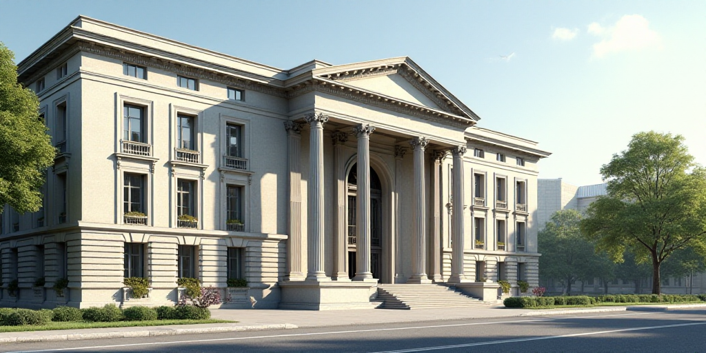 a large building with a lot of windows and a street sign in front of it and a few trees, Enguerrand