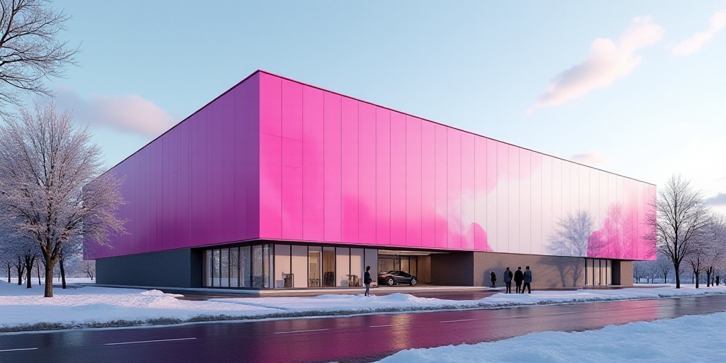 a large building with a pink and white design on it's side and a pink and white sign on the side of