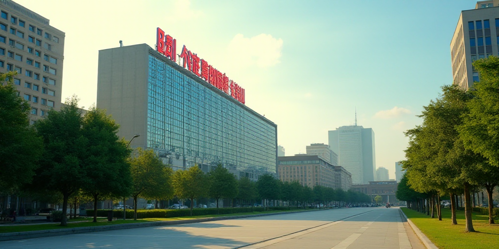 a large building with a red sign on top of it's side in a city park area with trees and buildings, C