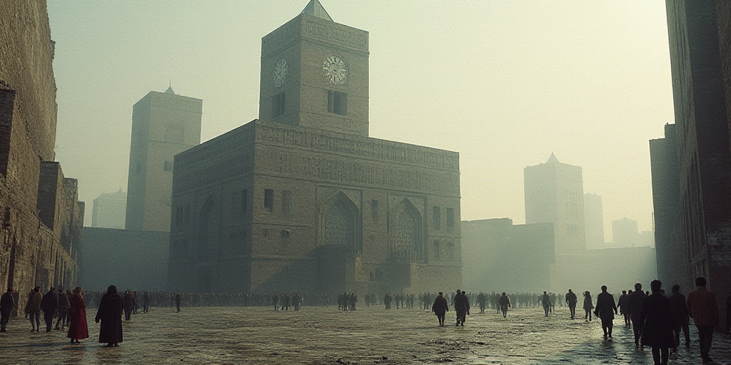 a large building with a tower that has a clock on it and people standing around it in a city, Bracha