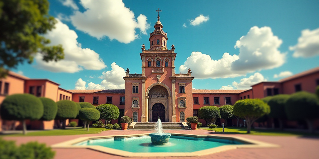 a large building with a tower and a fountain in front of it with a sky background and clouds in the