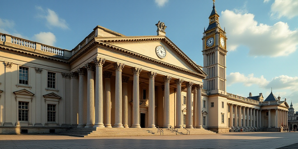 a large building with columns and a clock on the front of it's face and a clock tower in the backgro