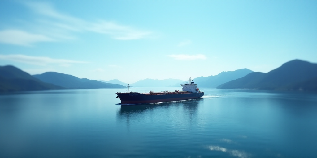 a large cargo ship in a large body of water with mountains in the background and a blue sky above, E