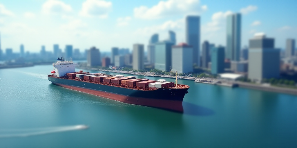 a large cargo ship in the water near a city skyline with tall buildings in the background and a brid